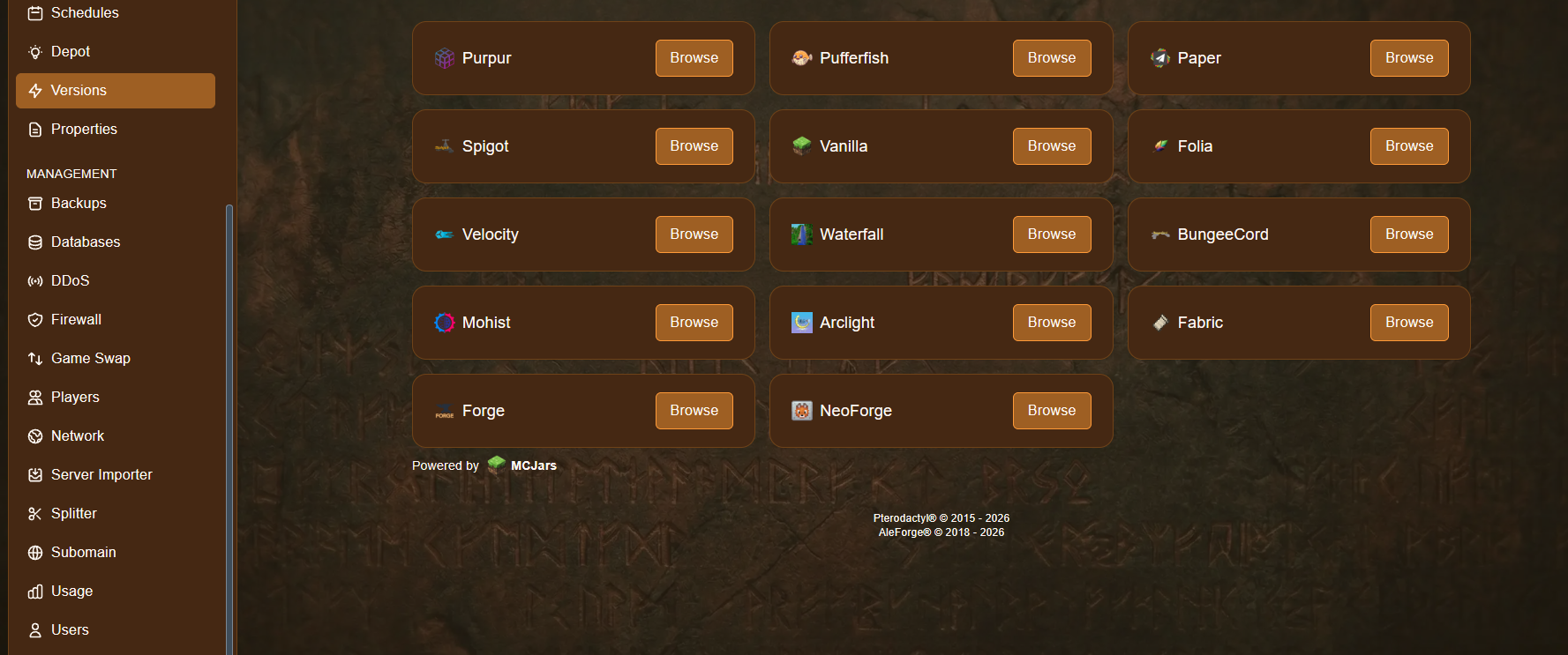 Versions page showing Purpur, Pufferfish, Paper, Spigot, Vanilla, Folia, Velocity, Waterfall, BungeeCord, Mohist, Arclight, Fabric, Forge and NeoForge, each with a Browse button