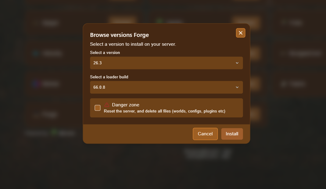 Browse versions Forge dialog with a Minecraft version dropdown, a loader build dropdown, an unchecked Danger zone checkbox, and Cancel and Install buttons