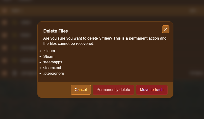 Delete Files confirmation dialog with a list of files and three buttons: Cancel, Permanently delete, and Move to trash