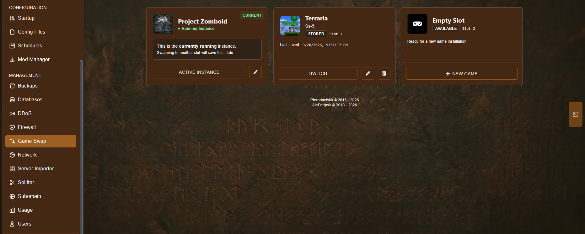Game Swap page showing Project Zomboid as the current running instance, Terraria stored in Slot 1, and an empty Slot 2 with a New Game button
