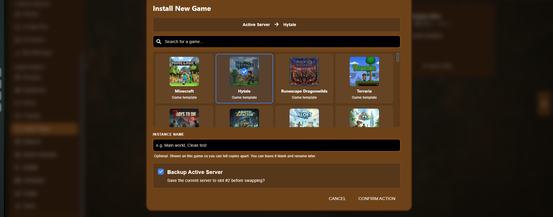 Install New Game window with a searchable game grid, an Instance Name field, and a Backup Active Server checkbox