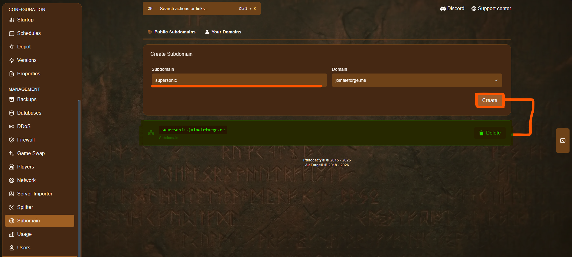 Subdomain creation field