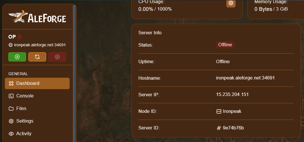 Dashboard page showing Server Info with Status, Uptime, Hostname, Server IP, Node ID and Server ID
