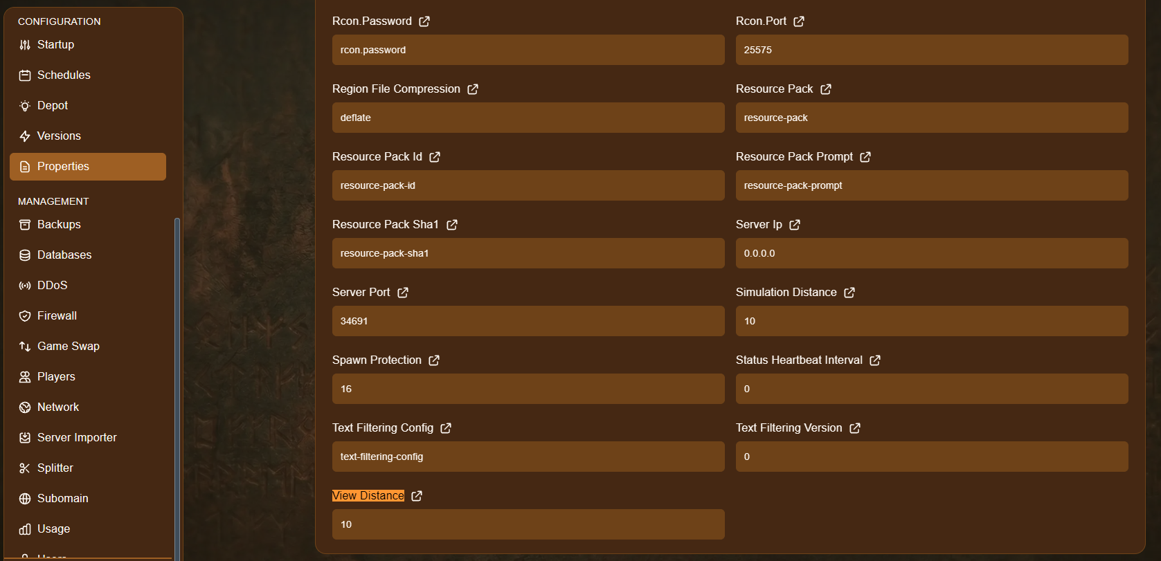 Server Properties page showing View Distance and Simulation Distance fields