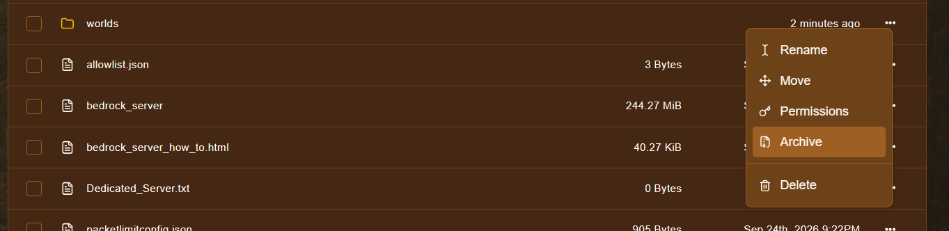 The Archive option in the File Manager