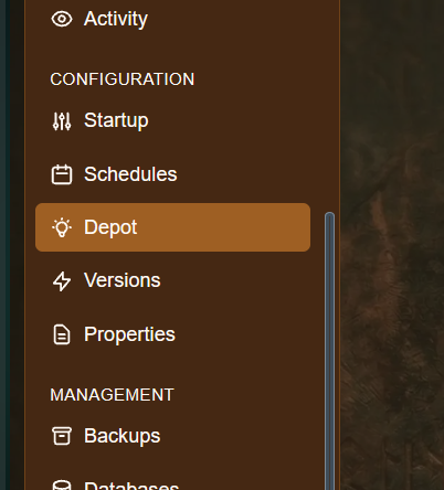 The Depot option under Configuration in the panel menu