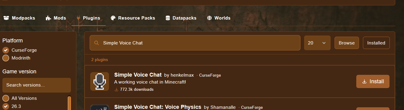 Searching for a plugin in the search bar