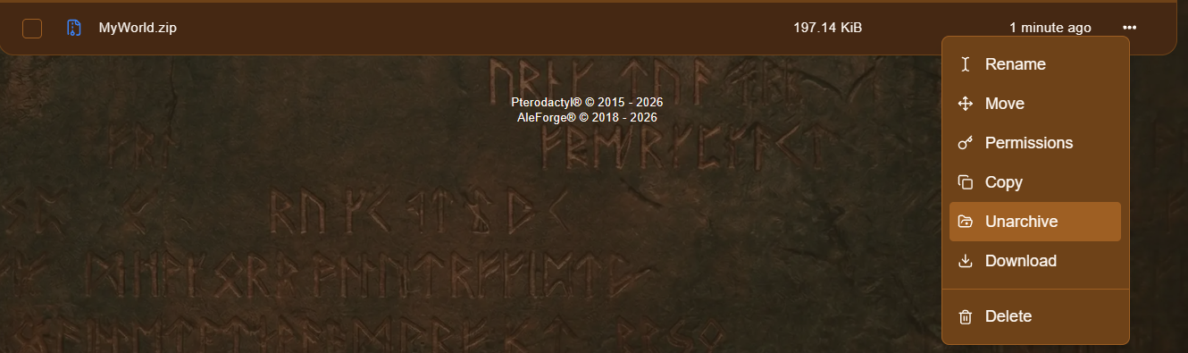 The Unarchive option in File Manager
