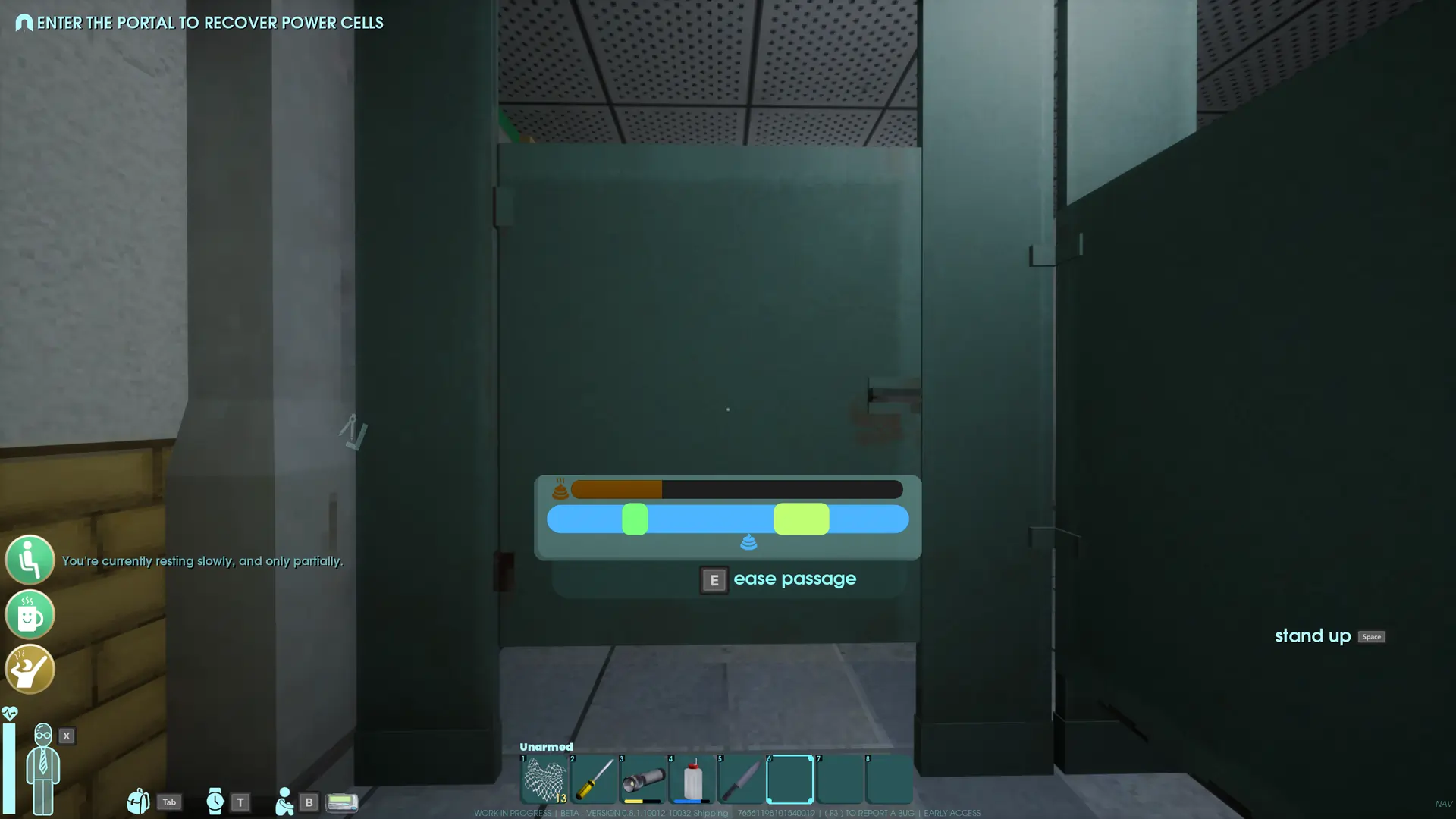 This image shows the bathroom mini-game UI. The player needs to time their button presses to match the blue sliding indicator with the green bars to successfully “ease passage”. Failing to complete the mini-game will result in the player remaining on the toilet for an extended period.