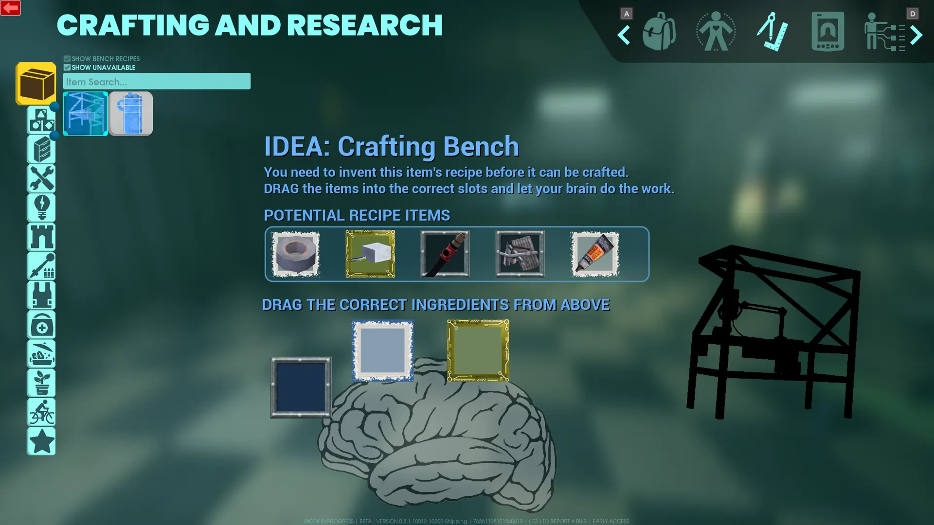 This image shows the crafting interface for the “Ideation” mechanic. The interface displays a grid with several empty slots with colored borders and a row of ingredient icons. The player has to correctly match the ingredients to the slots to unlock the recipe.