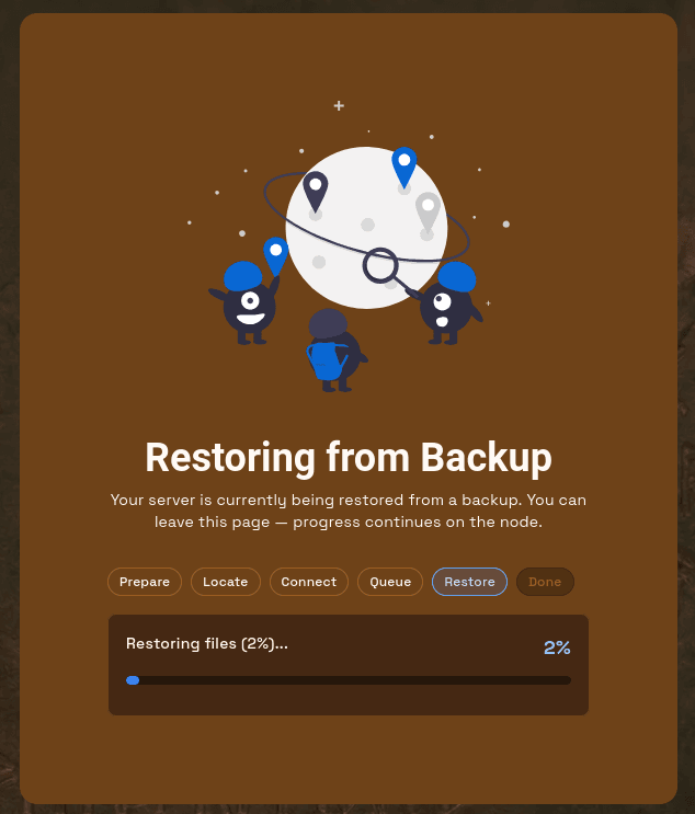 Restoring from Backup with step badges and live percentage