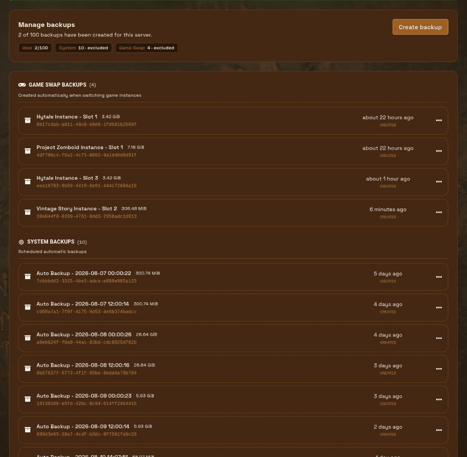 Manage backups with User, System, and Game Swap sections