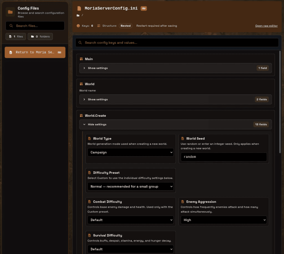 Guided config editor with labeled fields and dropdowns