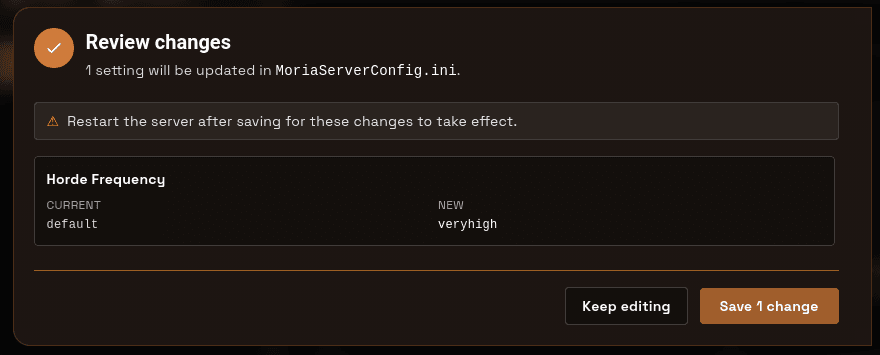Review changes modal showing current vs new value and restart warning