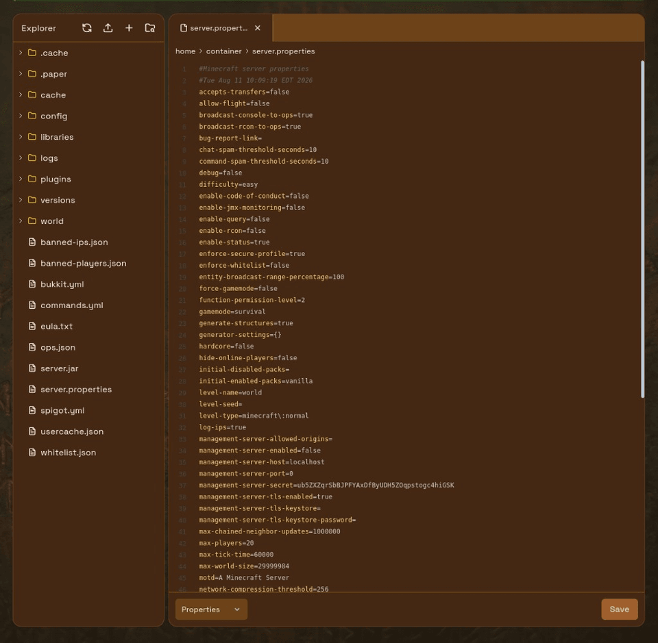Code Editor Mode with Explorer sidebar and server.properties open
