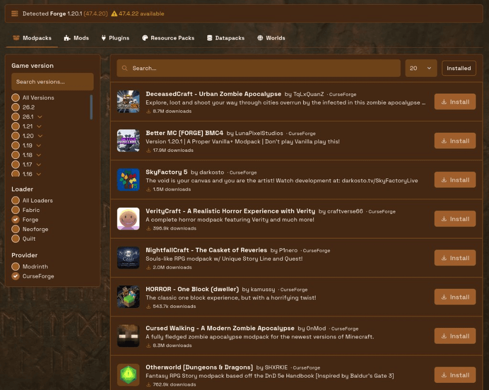 Depot modpack browser with CurseForge filters and Install actions