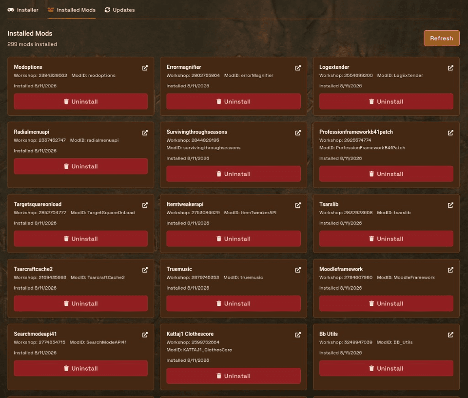 Installed Mods list with Workshop ID, ModID, and Uninstall