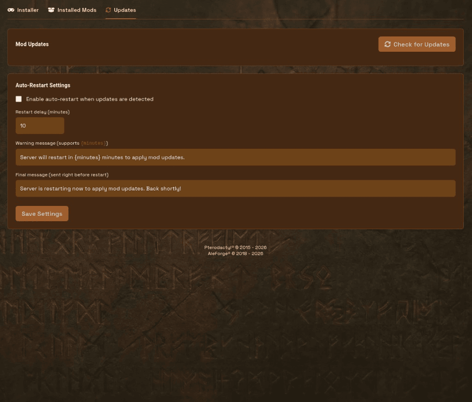 Updates tab with Check for Updates and auto-restart settings