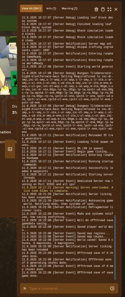 Pop-out console with log filters and command input