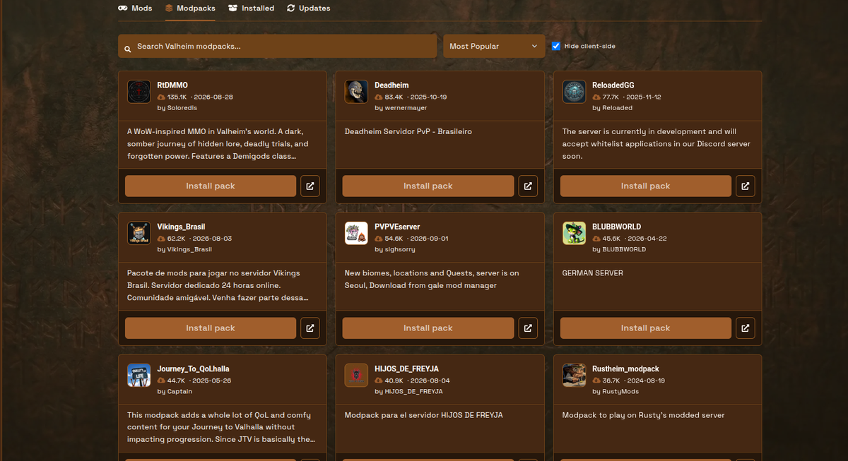 Valheim Modpacks tab with Install pack