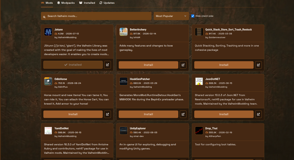 Valheim Mod Manager Mods tab with search, sort, Hide client-side, and Install