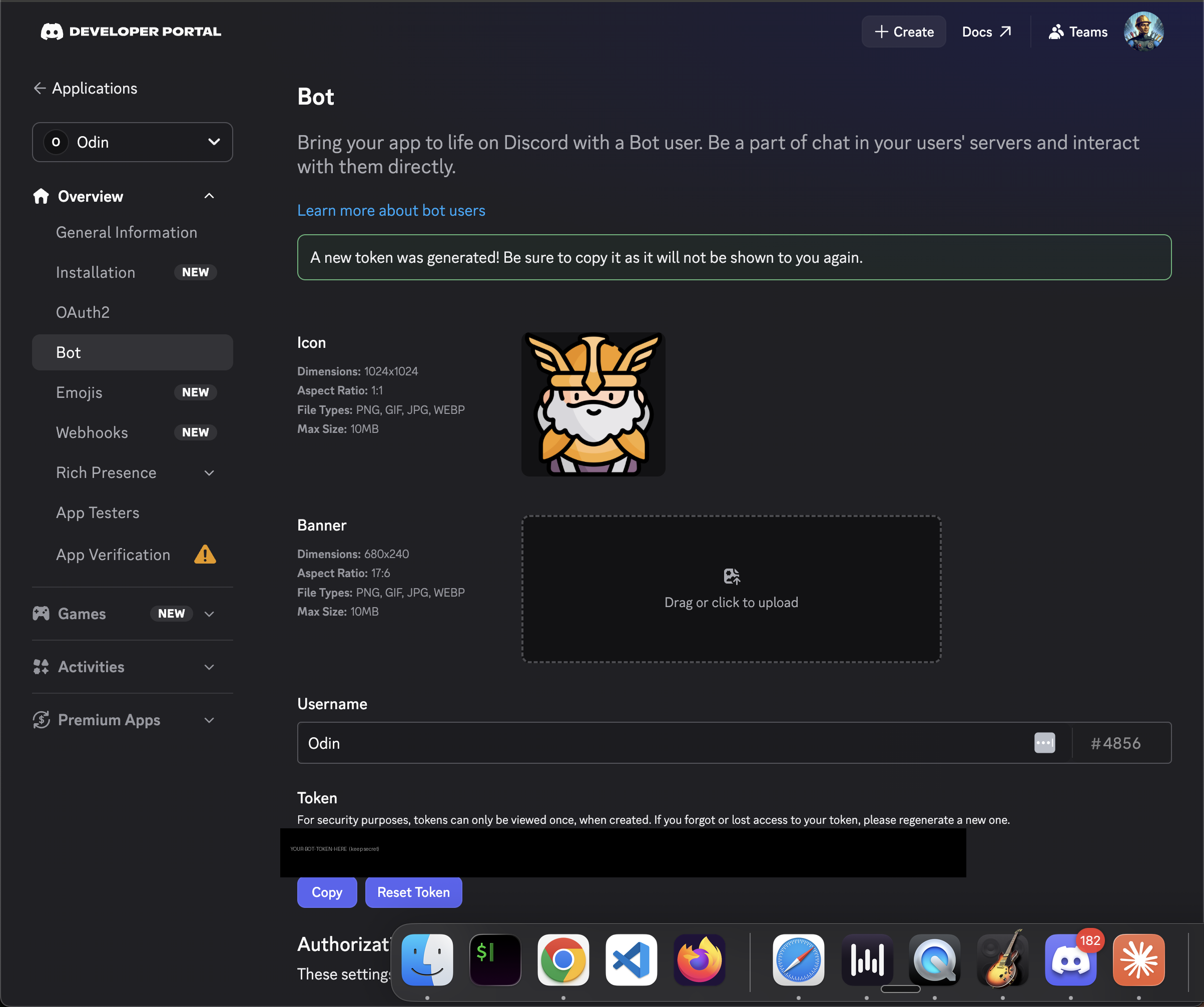 Confirm, then copy the token. Discord only shows it once. Save it for the Startup step below.