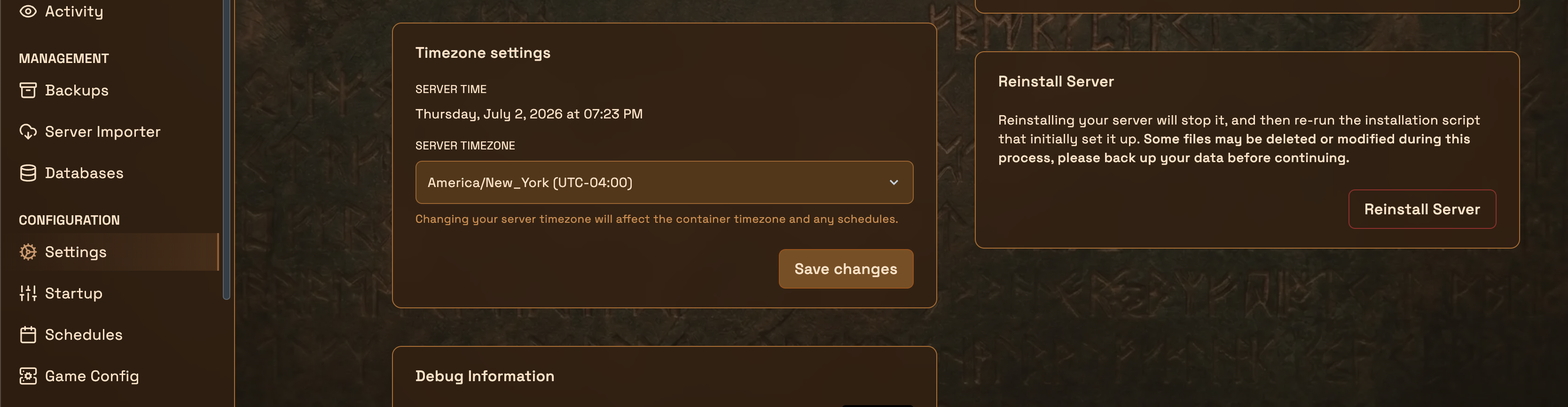 Go to Settings → Reinstall Server and confirm