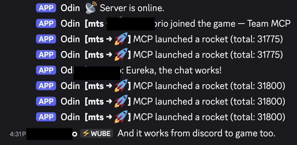 Discord to game: Send a message in the channel. It should appear in-game as [Discord] yourname: message.