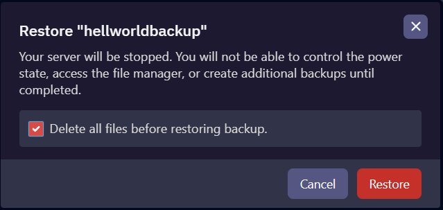 Check Delete all files before restoring backup