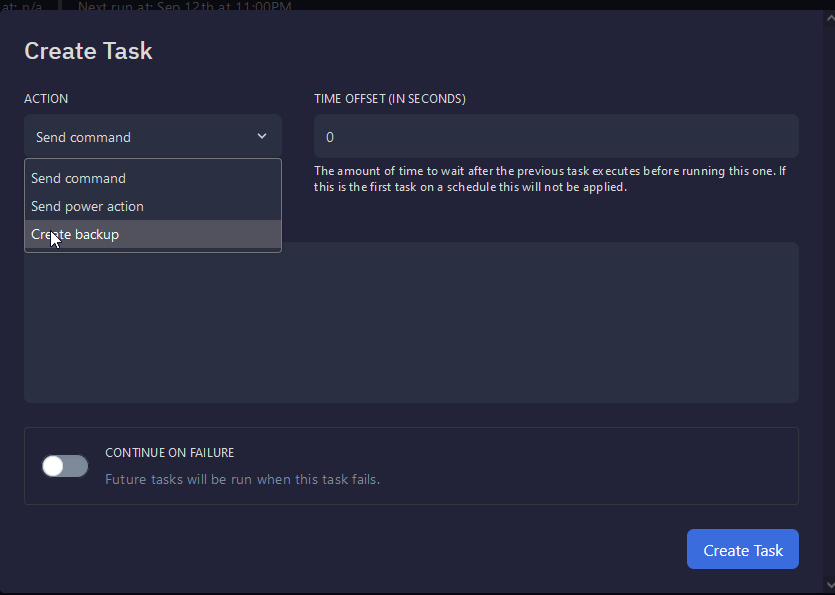 Once your Schedule is created, click New Task. On the drop-down, select Create backup