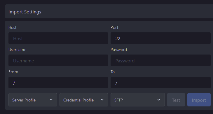 Enter in the appropriate FTP or SFTP information from your old host and select Import
