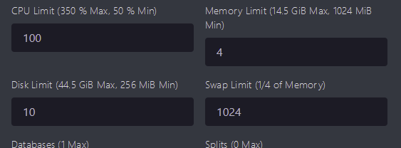 Select the desired resource amount for CPU, Memory, and Disk in GiB. Note that 100% CPU is one CPU core.