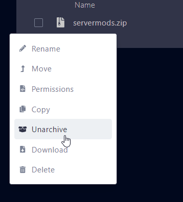 Right click on servermods.zip and select Unarchive
