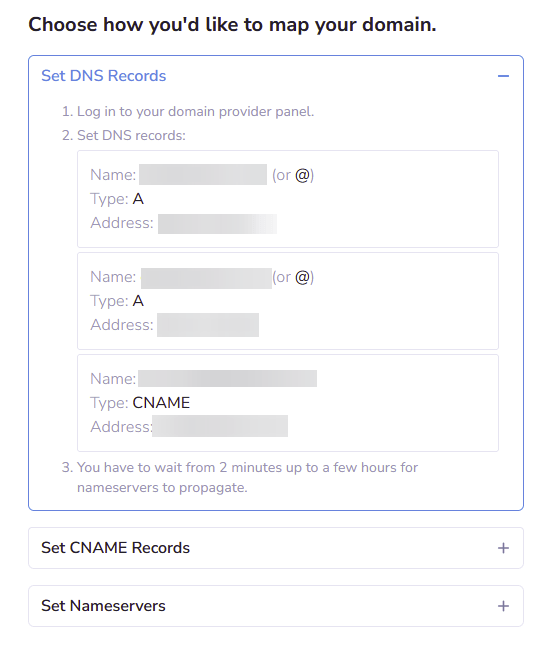 Follow the provided instructions for setting the following. DNS Records, CNAME Records, Nameservers.