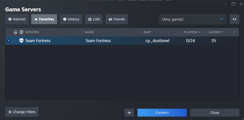 Once added your server will show up and you can click the Connect button