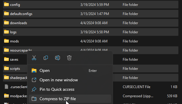 You’ll also want to select every folder in your client install except the saves folder and zip all of these up. These ar