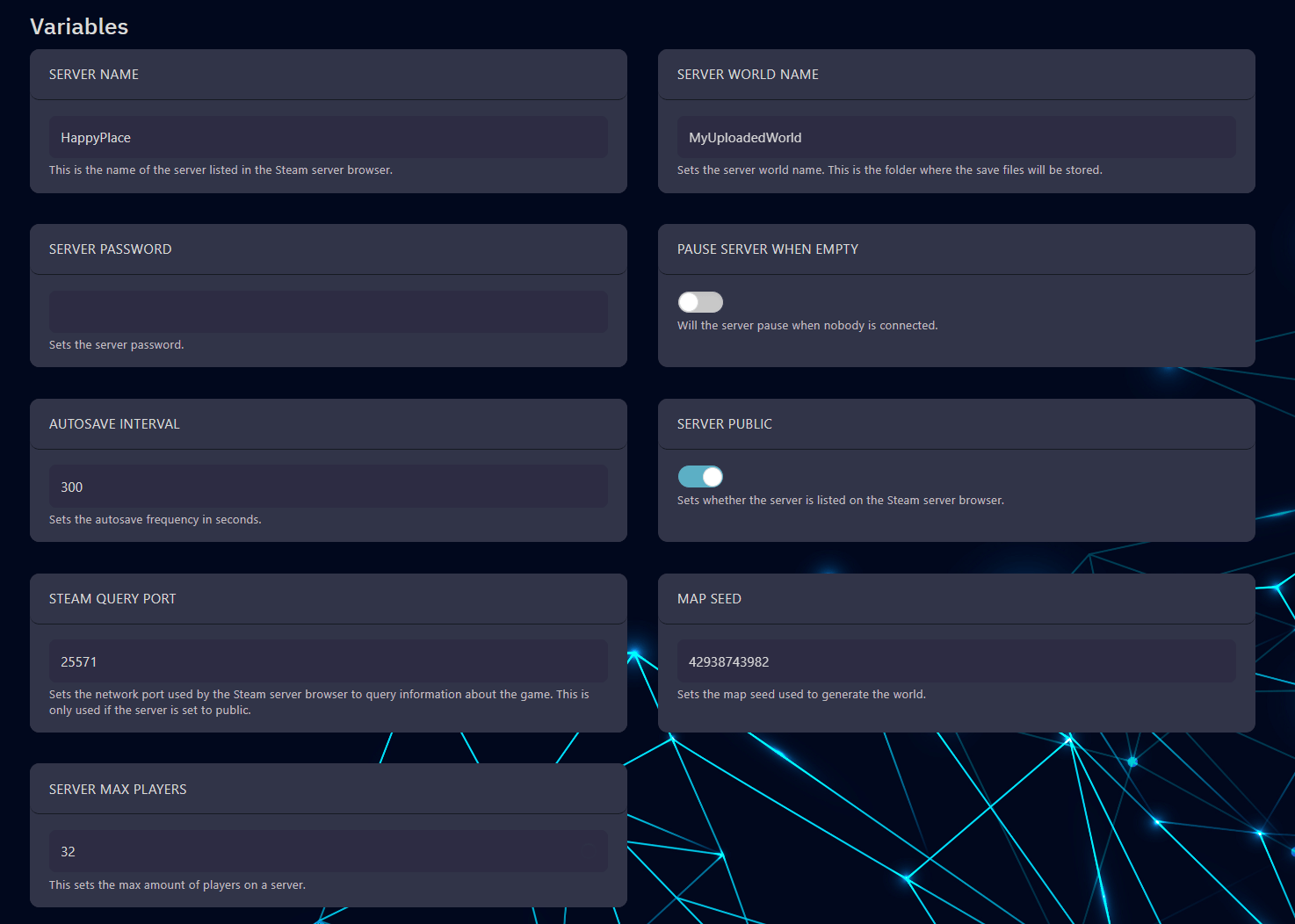 All of the configuration options for Foundry can be found on the AleForge Panel in the startup page of your server.