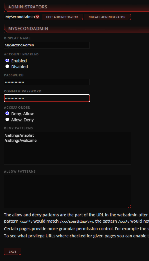Here you can create an Administrator and assign permissions as you see fit by dragging and dropping them to the Allow/De