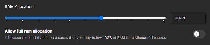 On this page, adjust the slider for the Ram Allocationto allocate more RAM to your modpack