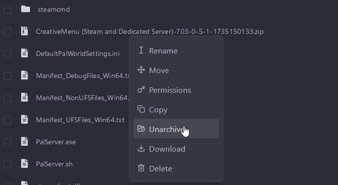 Right-click the uploaded file and select Unarchive