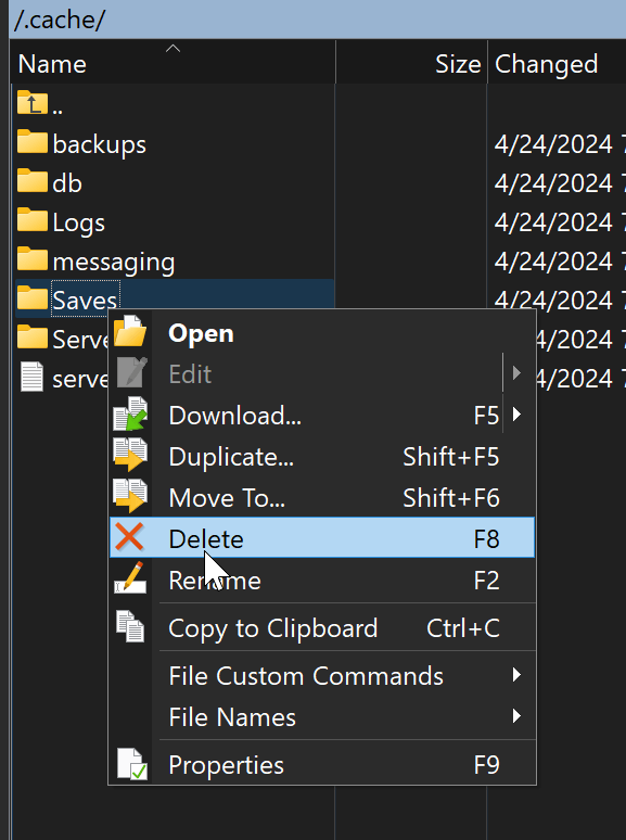 Navigate to .cache and delete the Saves folder