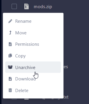 Once it is uploaded, right click your .zip file and select Unarchive