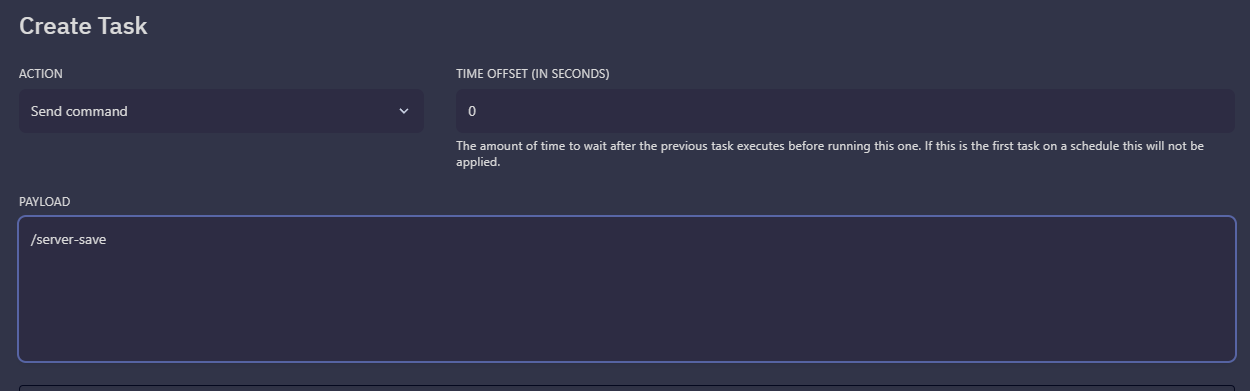 Then Create Task and set up the Send Command payload to be /server-save