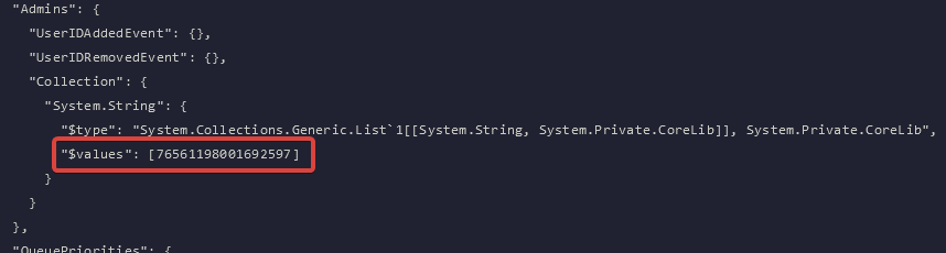 Add the Steam64IDs of the players you want to add as admin to $values