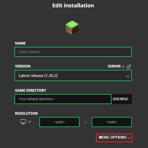 On the options page, click the More Options, located under Resolution