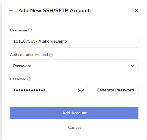 Fill out the form with a username and password or SSH key and select Add Account