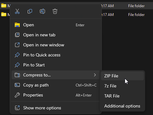 Right-click on ModConfigs and select Compress To → ZIP file