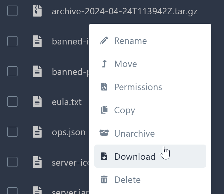 This will create a .tar.gz file. Right click this file and select Download