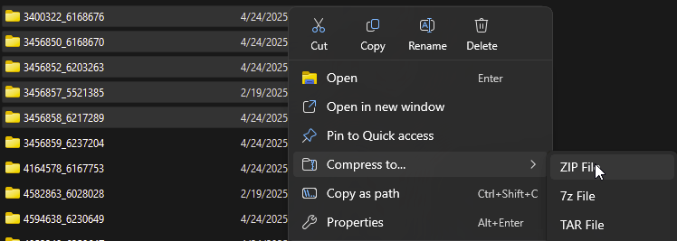 Select Compress To → ZIP and name the .zip file mods.zip