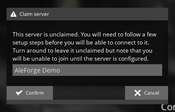 Once Satisfactory connects, you will be prompted to claim your server. Input a server name to start the claiming process